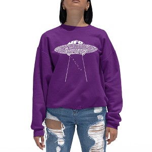 LA Pop Art Women's Word Art Crewneck Sweatshirt - Flying Saucer UFO - 1 of 4