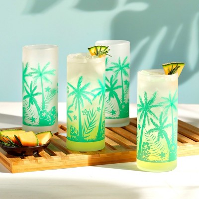 Vintage Green Palm Tree Print Frosted Glass Cooler Set