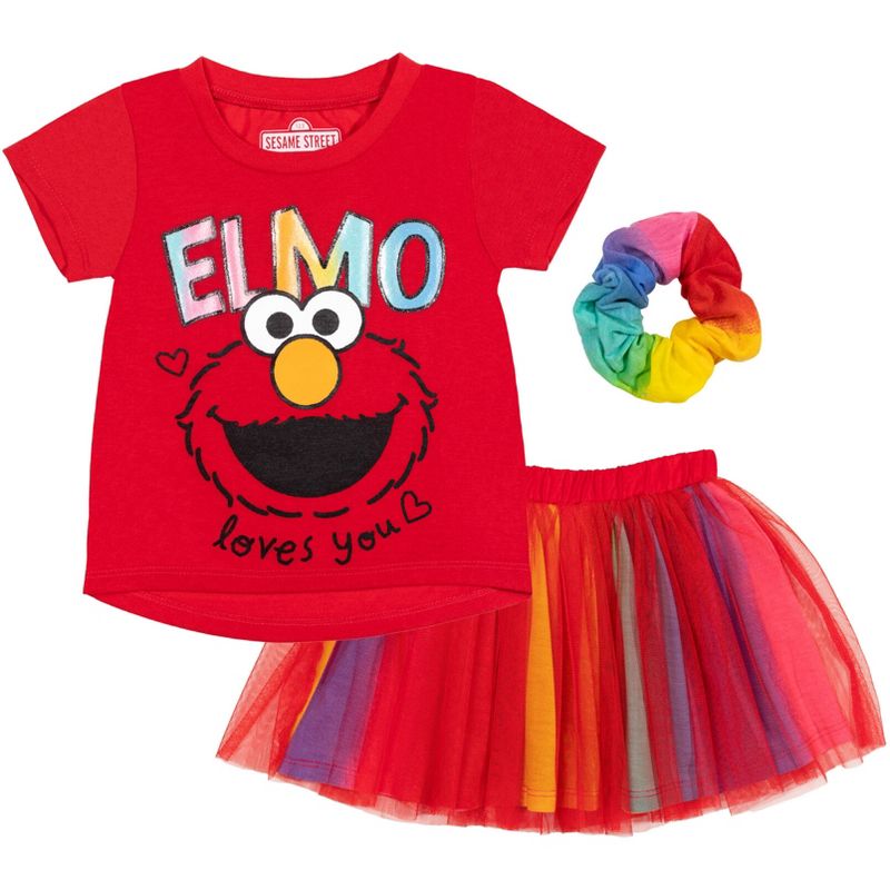 Sesame Street Elmo Abby Cadabby T-Shirt Tulle Skirt and Scrunchie 3 Piece Outfit Set Infant to Little Kid, 1 of 8