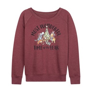 Women's - Winnie the Pooh - Christmas Most Wonderful Time of the Year Lightweight French Terry Wide Neck Long Sleeve Shirt - 1 of 4