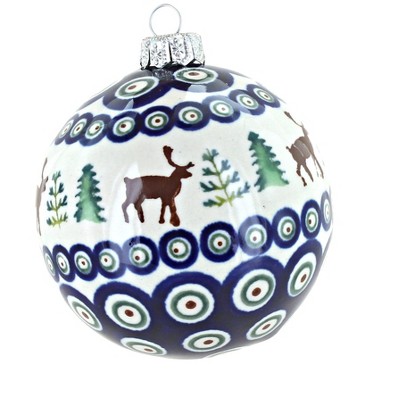 Blue Rose Polish Pottery Reindeer Pine Christmas Ornament