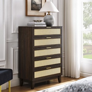 HDZNVF Bedroom 5 Drawer Dresser, Rattan Dresser Modern Wooden Chest Of Drawers With Spacious Storage Space - 1 of 4
