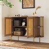 HDZNVF 2-Door Elegant Curved Dining Cabinet with Gold Trim and Woven Rattan Doors for Dining Room, Natural - 3 of 4
