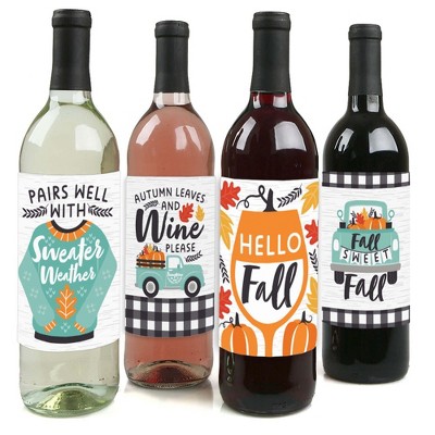 Big Dot of Happiness Happy Fall Truck - Harvest Pumpkin Party Decorations for Women and Men - Wine Bottle Label Stickers - Set of 4