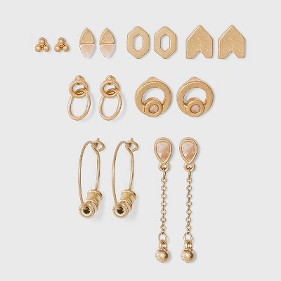Geometric and Mixed Semi-Precious Multi Stud Earring Set 8pc - Universal Thread™ Gold