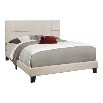 Monarch Specialties Bed, Queen Size, Bedroom, Upholstered, Beige Linen Look, Black Wood Legs, Transitional