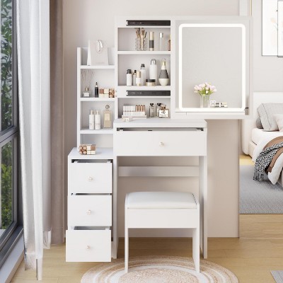 PAGED Vanity Table Mirror with Lights and Table Set, 29.2" Small Space Left Bedside Cabinet Vanity Table with Extra Large Right Sliding Mirror