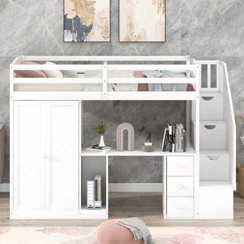 Twin Size Loft Bed with Built-in Desk, Storage Shelves and Drawers, White - ModernLuxe