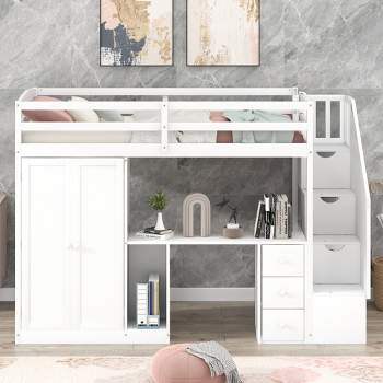 Twin Size Loft Bed with Wardrobe, Staircase, Desk and Storage Drawers - ModernLuxe