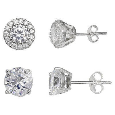 Women's Set of Two Stud Earrings with Clear Cubic Zirconia in Sterling Silver - Silver (8mm)