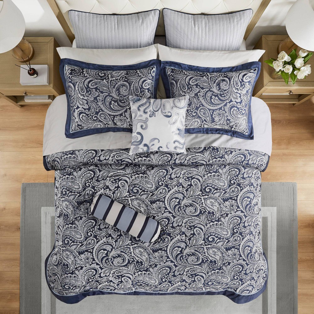 Photos - Duvet 12pc Queen Charlotte Jacquard Comforter Set Navy Blue - Madison Park