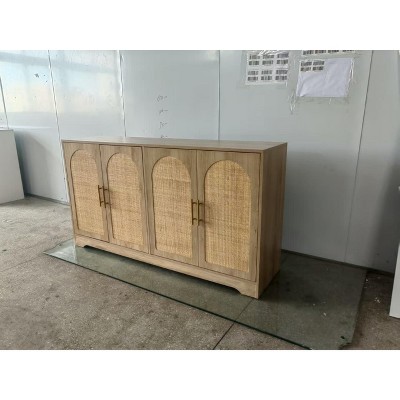 58" Rattan Door Buffet Cabinet w/ 4 Doors - Coffee & Wine Bar Sideboard Storage for Dining Room, Kitchen, Living Room & Hallway