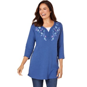 Woman Within Plus Size 7-Day Layered-Look Embroidered Henley Tunic - 1 of 4