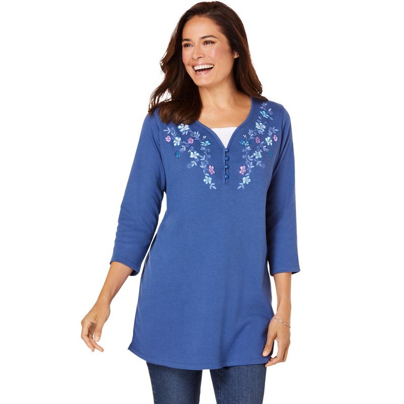 Woman Within Women's Plus Size 7-Day Layered-Look Embroidered Henley Tunic, 1 of 2
