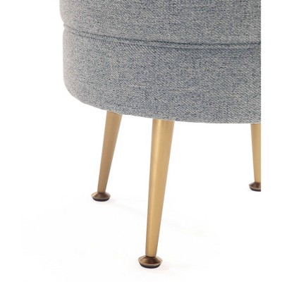 Bailey Round Gray Upholstered Ottoman with Gold Legs