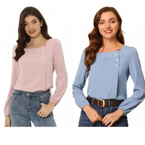 Allegra K Women's Casual Button Decor Long Sleeve Solid Square Neck Blouse 2 Packs - 1 of 4
