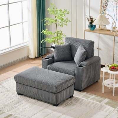 Modern Corduroy Accent Chair with Storage Ottoman and Built-In Cup Holder, Oversized Singel Sofa for Living Room or Apartment–The Pop Home