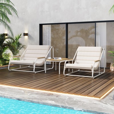 LOVSON Outdoor Chaise Lounge Chairs Set of 3, Patio Chaise Lounge Chair with Acacia Side Table, Pool Lounge Chairs for Lawn, Deck, Beach, Beige+White