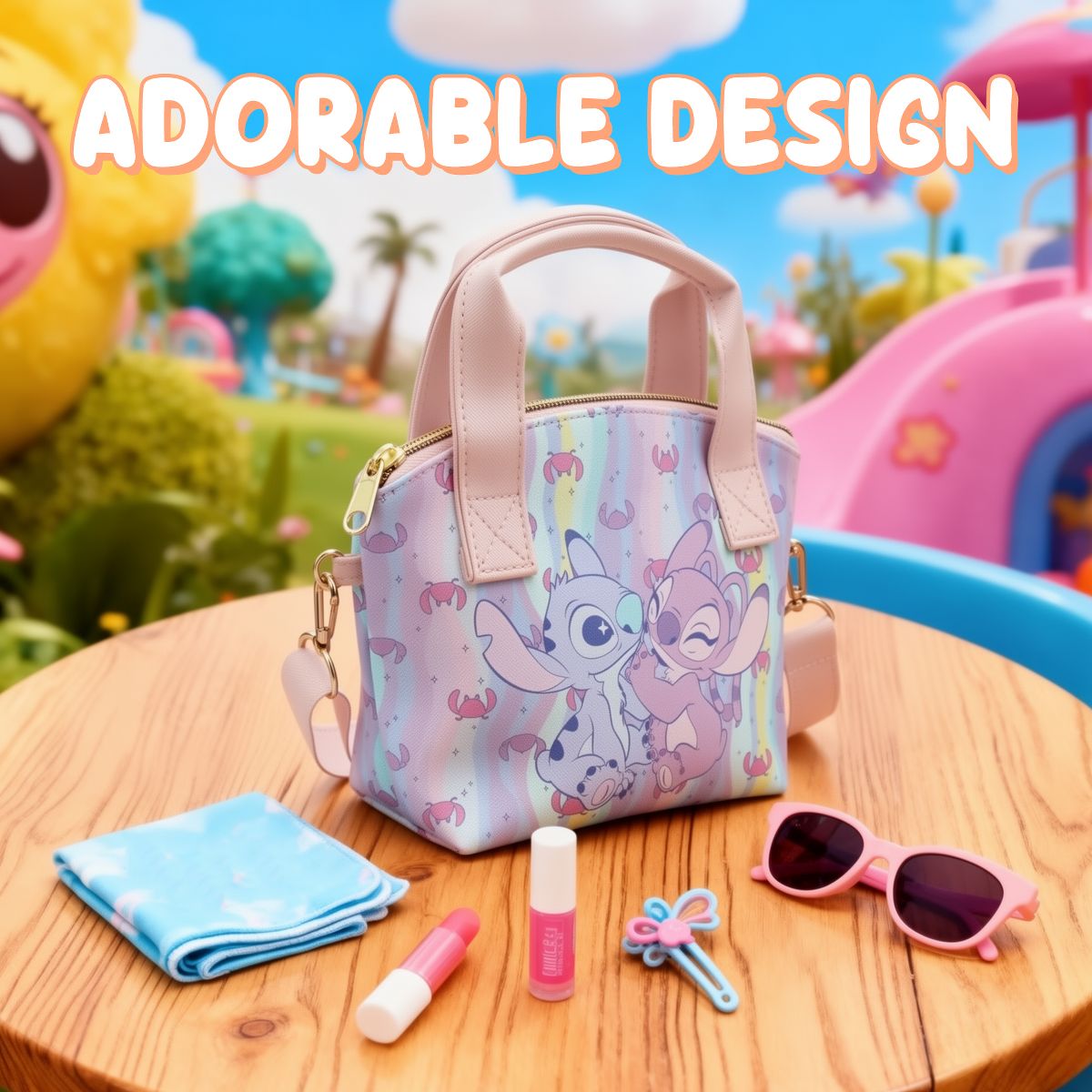 Disney Lilo & Stitch Angel & Stitch Hearts Pastel Striped 9.25" Mini PU Handbag - thumbnail 5