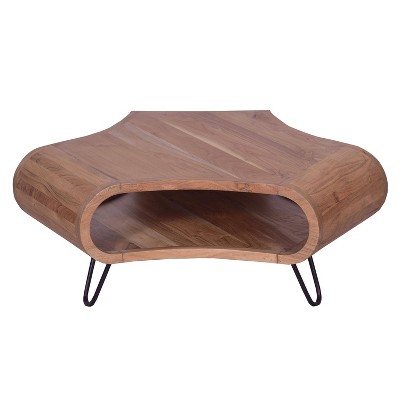 The Urban Port 37" Coffee Table Handcrafted Curved Hexagon Shape with Open Shelf Brown Acacia Wood Iron Legs Brown/Black