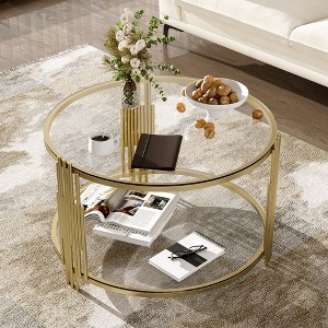 Glass Coffee Table Round Center Table Cocktail Table Accent Table Sofa Table with Gold Metal Drum Frame, Transparent/Black/Brown-ModernLuxe - 1 of 4