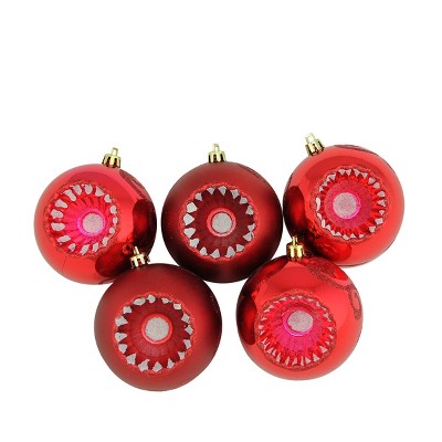 Northlight 5ct Shatterproof Shiny and Matte Retro Reflector Christmas Ball Ornament Set 3.25" - Red