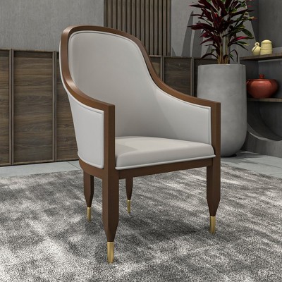 Light Grey Leather Upholstered Arm Chair with Wood Frame