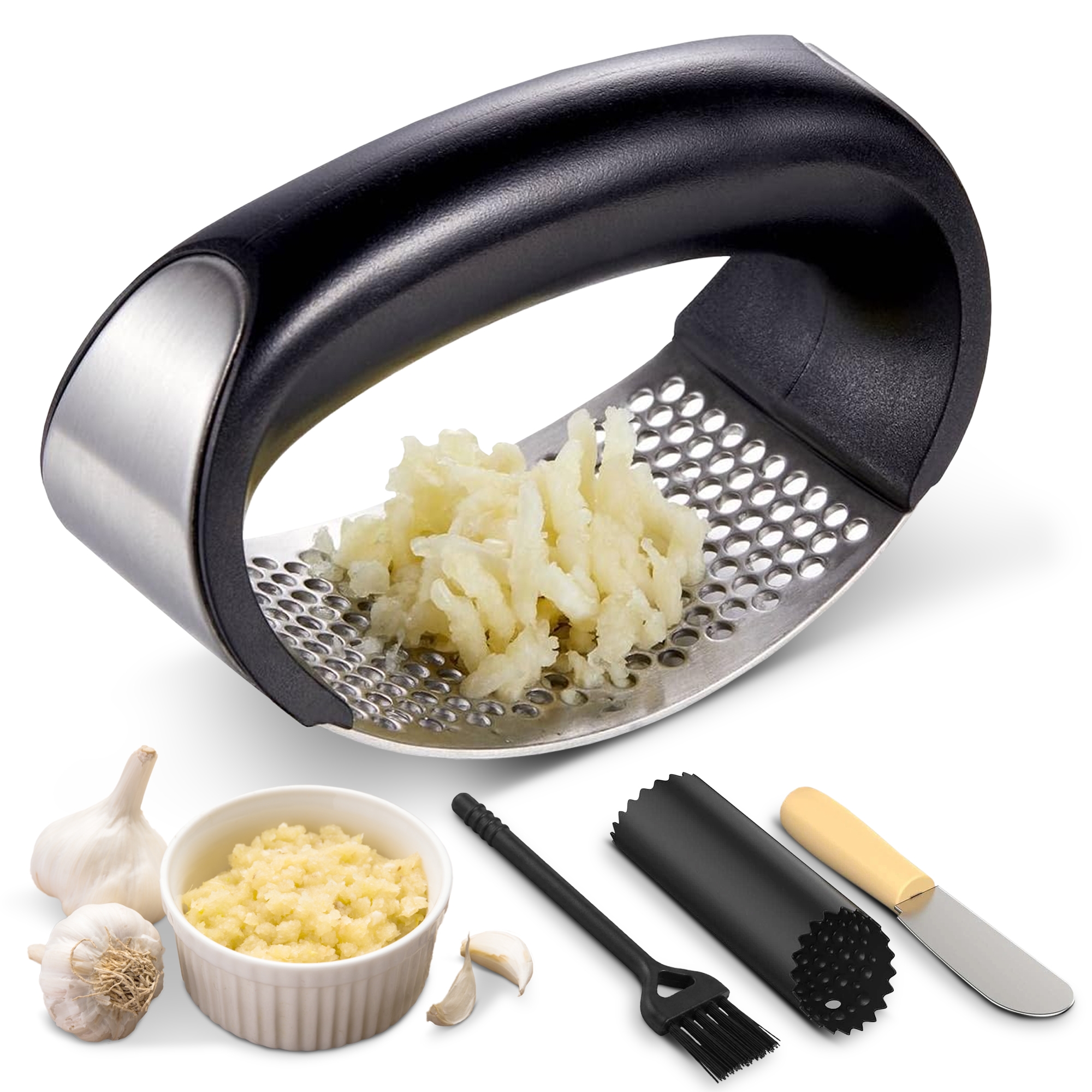 Cheer Collection Stainless Steel Garlic Press Rocker Set with Soft Grip Handle Black