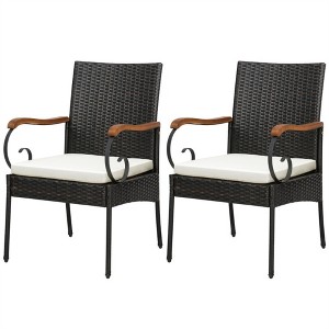 MOEPISY Set of 2 Outdoor PE Wicker Chair with Acacia Wood Armrests - 1 of 4