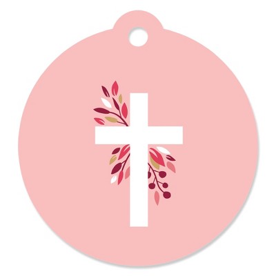 Big Dot of Happiness Pink Elegant Cross - Girl Religious Party Favor Gift Tags (Set of 20)