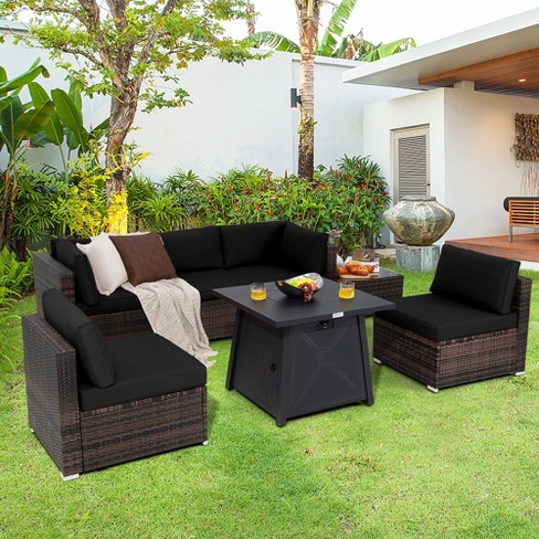 Costway 7PCS Patio Rattan Furniture Set Fire Pit Table Cover Cushion Black