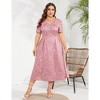LXT- Women's Plus Size Summer Dress Short Sleeve V Neck High Waist A-line Floral Maxi Dresses - 3 of 4