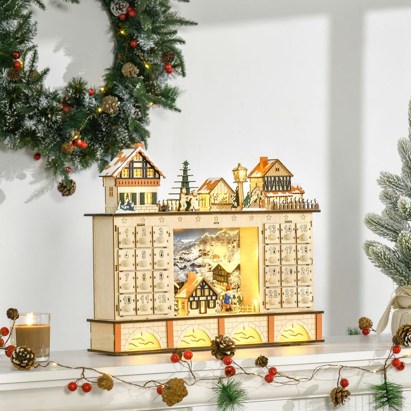 HOMCOM Christmas Advent Calendar, Light Up Table Xmas Wooden Store Holiday Decoration with Countdown Drawer, Village, for Kids and Adults, Natural, 3 of 7