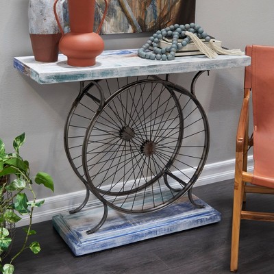 Rustic Blue Bike Console Table with Slatted Wood Top and Metal Frame
