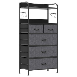 Dresser for Living Room, 5 Drawers Storage Organizer with Shelves, 4 Hooks, Sturdy Metal Frame, Wood Tabletop - 1 of 4
