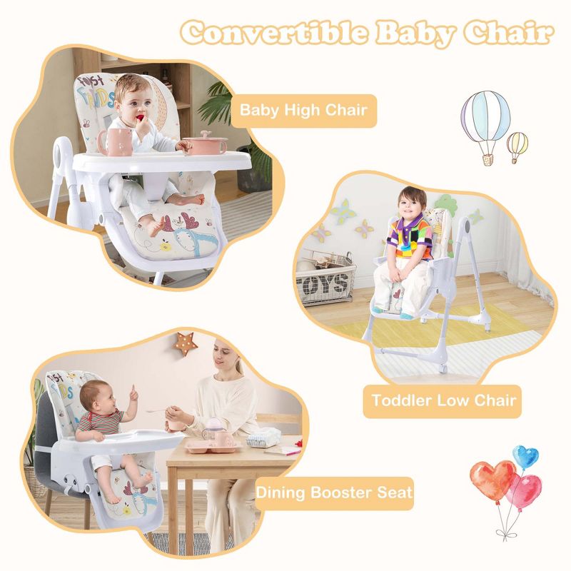 Costway 3-In-1 Convertible Baby Highchair Foldable Height Adjustable Feeding Chair Beige/Grey, 4 of 11