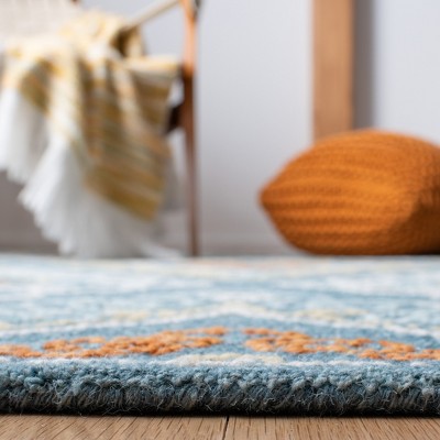 Handmade Blue Floral Tufted Wool Square Rug 6' x 6'