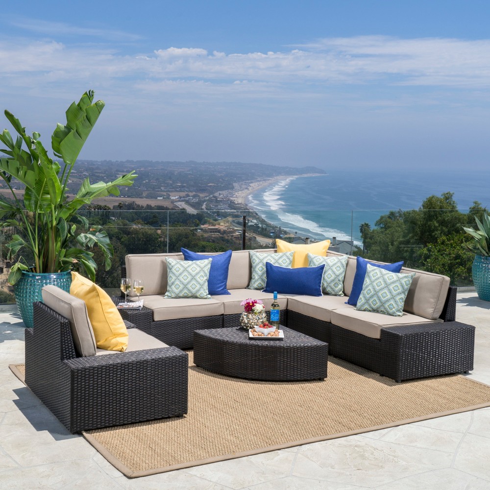 Photos - Garden Furniture Santa Cruz 7pc Wicker Sofa Set with Cushions - Dark Brown - Christopher Kn