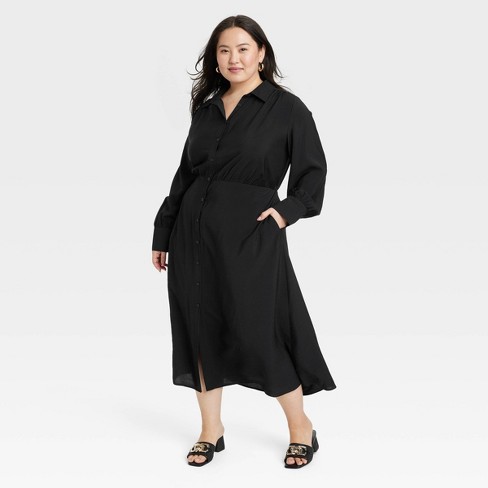 Women's Long Sleeve Collared Midi Crepe Shirtdress - A New Day™ Black 4x :  Target