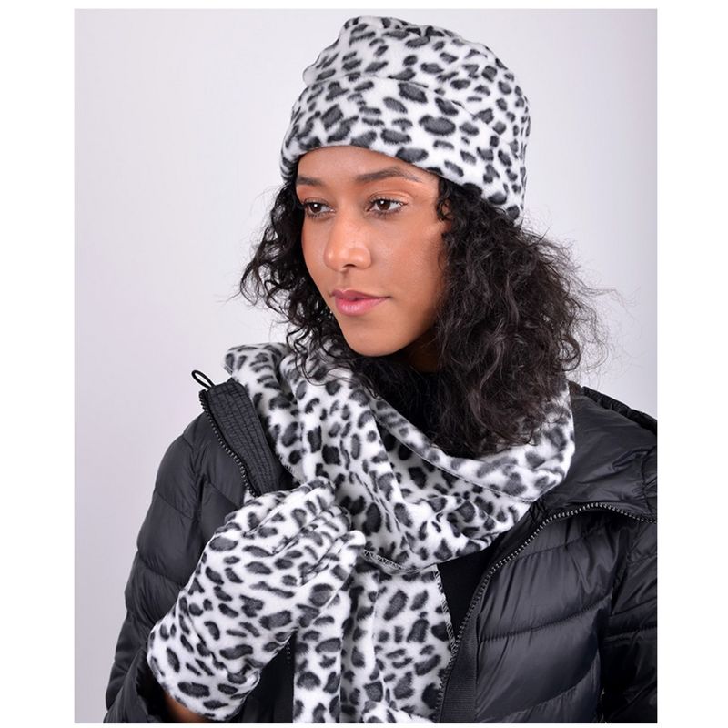 Women's Black And White Fleece Snow Leopard 3-Piece Gloves Scarf Hat Winter Set, 4 of 5