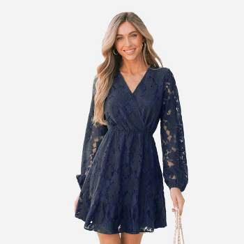 Women's Floral Lace Peasant Sleeve Mini Dress - Cupshe