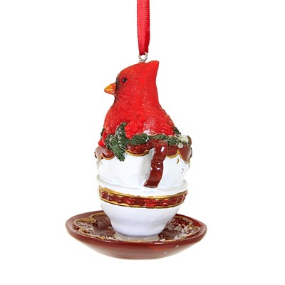 Festive Cardinal in Holly Teacups Resin Ornament Set