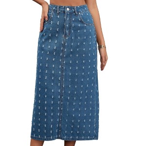 INSPIRE CHIC Women's Denim High Waisted Swiss Dots Back Slit Casual Column Midi Skirt - 1 of 4