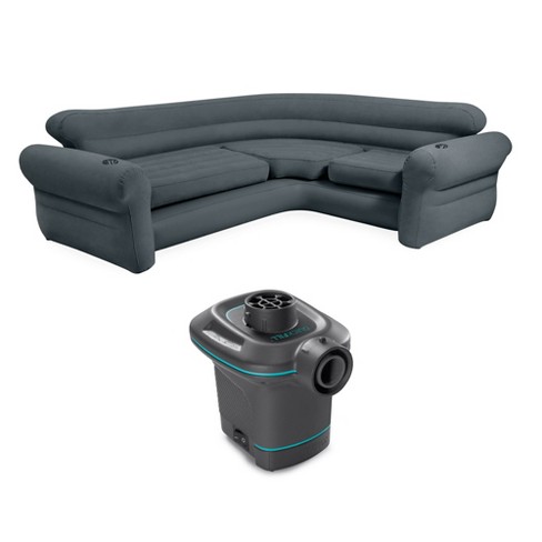 Intex Inflatable Furniture L shaped Sectional Corner Couch Indoor Relaxing Sleeper Sofa With Built in Cupholders And 120v Electric Air Pump Gray Target