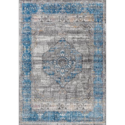 Anatolia Medallion Peacock Blue and Gray Easy-Care Area Rug