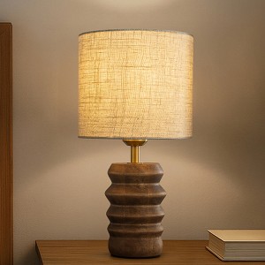 ALOADECOR 15'' Japandi Solid Wood Base Table Lamp Modern Classic Nightstand Lamp with Beige Fabric Shade for Bedside Foyer Dining Room - 1 of 4