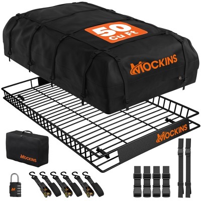 Mockins 90"x50"x6" XXL Roof Rack Basket with 50 Cubic Feet Rooftop Cargo Carrier Bag, Lock, Straps and Carry Bag - Black