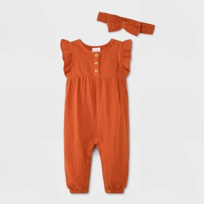 Image of Baby Girls' Gauze Henley Short Sleeve Romper with Headband - Cat & Jack™ Rust 3-6M