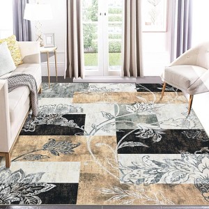 Acekool 5x7 Machine Washable Abstract Geometric Area Rug, Non-Slip, Low Pile, Non-Shedding Brown Carpet for Living Room, Bedroom - 1 of 4