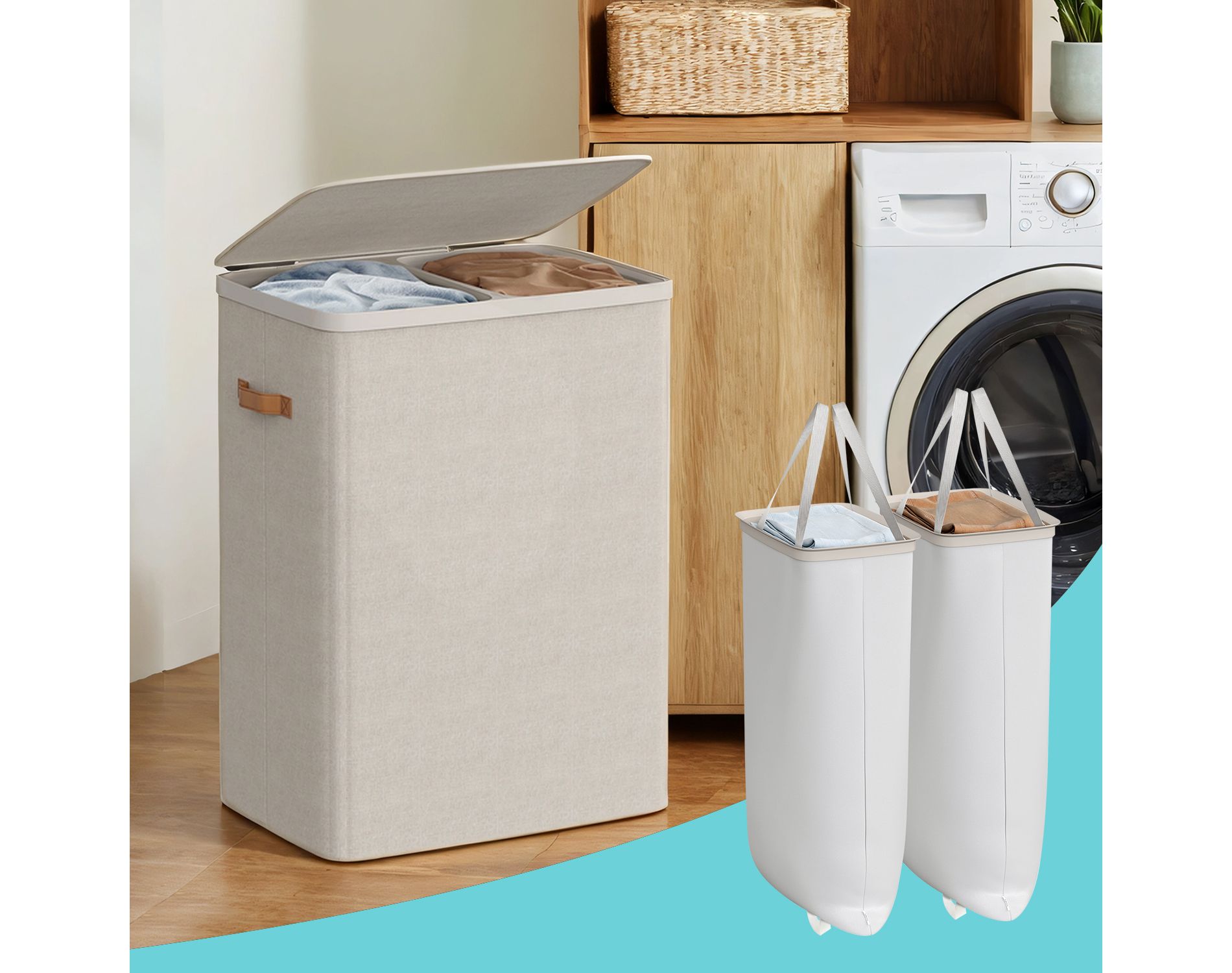 LEDREM Dual-Compartment Laundry Basket with Lid, Handles and Removable Liners, Easy-Assembly Laundry Hamper